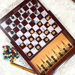 Wood Multi Game Box - Chess Checkers Backgammon Tic Tac Toe Mind Mancala & More